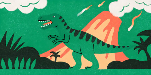 Retro Dinosaur Scene with Volcano and Tropical Plants