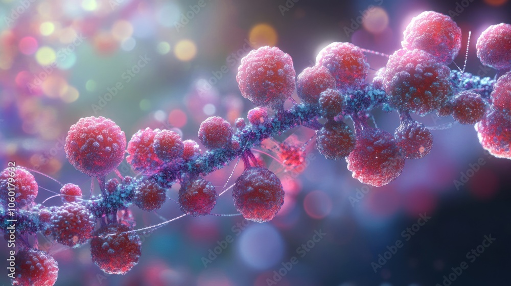 Poster a colorful microscopic view of cells on a strand, showcasing intricate biological structures.