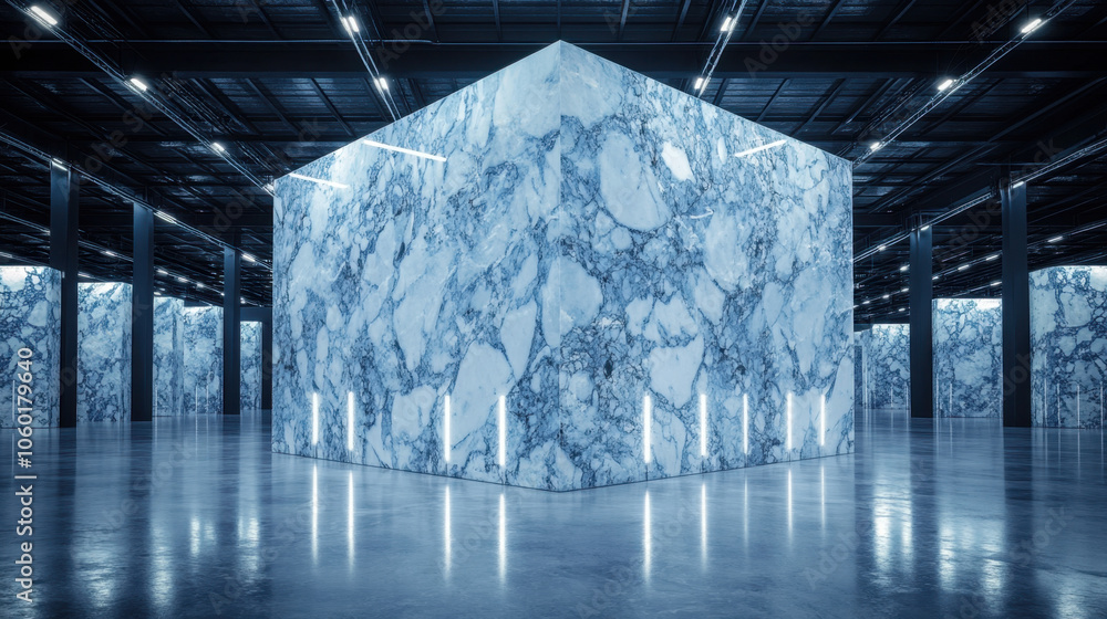 Poster a modern, abstract space featuring a large, cube-like structure with a marble-like texture, illumina