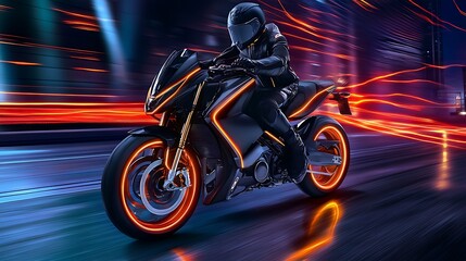 An ultra modern motorcycle showcasing dynamic motion as it speeds through a neon lit cityscape, the glowing accents adding a futuristic touch to the sleek and stylish design.