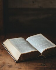 An old open book resting on a table, showcasing its vintage pages and cover