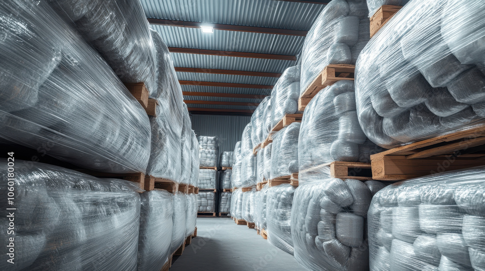 Poster a warehouse filled with neatly stacked rolls of material, wrapped for storage and organization, crea