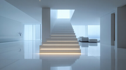 Obraz premium Modern interior staircase with illuminated steps in a minimalist living space during daylight hours
