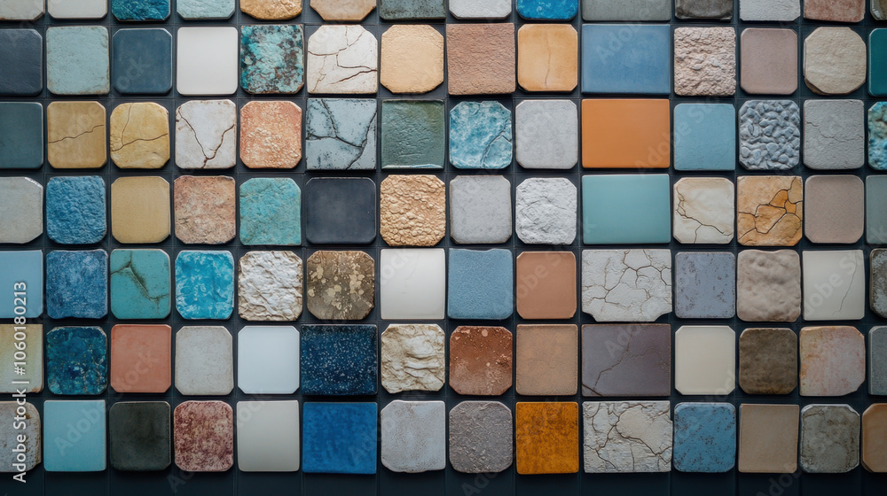 Poster a vibrant display of assorted tiles showcasing a variety of textures and colors, ideal for design in