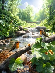 Naklejka premium Robins by the Stream.