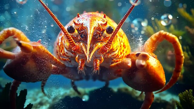 Closeup of a red crayfish with water drops, its claws extended forward with a menacing look.