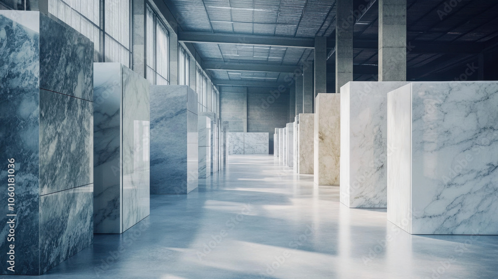 Poster a modern space featuring large marble blocks illuminated by natural light, creating a serene and spa