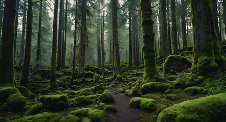 Obraz premium A dense, untouched forest filled with moss-covered rocks and towering trees. Primitive wilderness untouched by human development, radiating a sense of mystery and ancient times.
