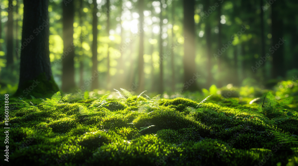 Poster serene morning light filtering through a lush forest with vibrant ferns and soft moss in a tranquil 