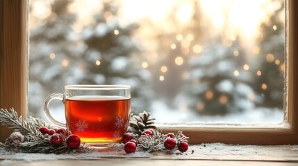 Christmas cup of tea with winter background