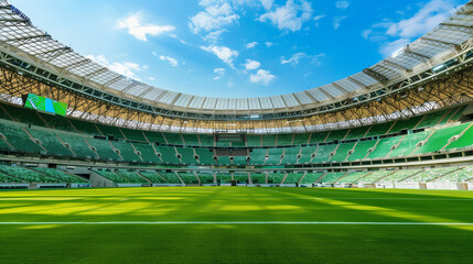 stadium, interior, green, stands, white, roof, LED, screens, lawn, sunny, day, sports, arena, event, seating, architecture, facility, athletic, field, game, match, venue, audience, seating, structure