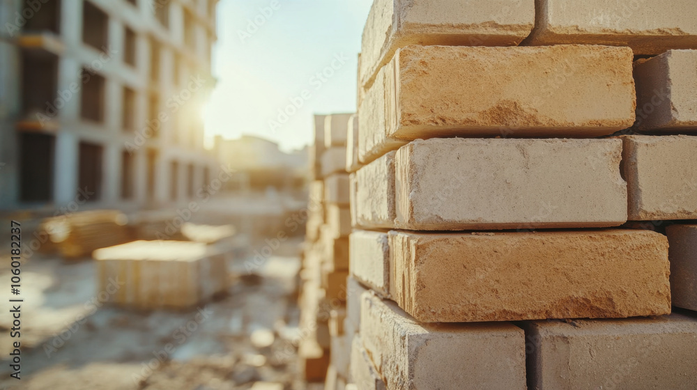 Poster stacked bricks in a construction site with sunlight creating a warm glow, showcasing materials for b