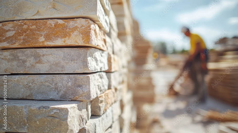 Poster a stack of stones is prominently displayed, with a worker in the background engaged in construction,