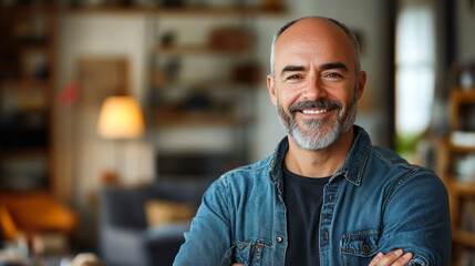 Fototapeta premium A smiling man in a cozy living room with warm lighting and modern decor, enjoying a peaceful moment at home