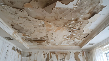 Water damage repair, showcasing a damaged and stained white ceiling with visible water marks and peeling paint, indicating the need for restoration