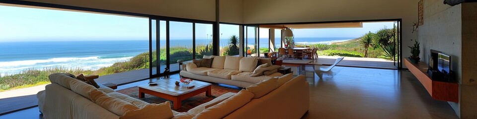Fototapeta premium Creative Abstract Design of a Luxurious Beachfront Villa Living Room with Stunning Ocean Views. This Modern Architectural Retreat Features Stylish Decorative Furniture and Minimalist Interiors, Showca