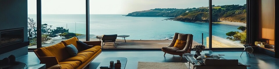 Fototapeta premium Creative Abstract Design of a Luxurious Beachfront Villa Living Room with Stunning Ocean Views. This Modern Architectural Retreat Features Stylish Decorative Furniture and Minimalist Interiors, Showca