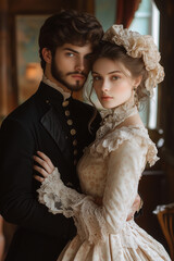 Couple in victorian dresses. Young man and young beautiful woman wearing old fashioned clothes