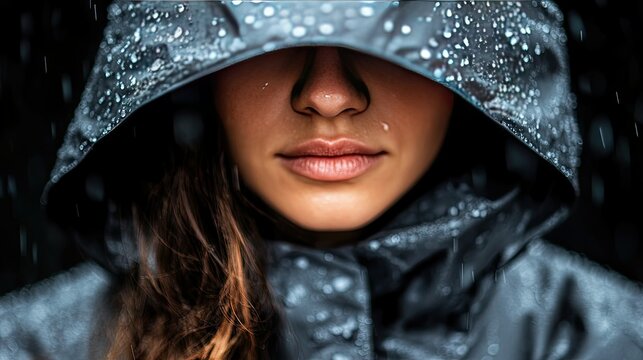 Close-up of a woman wearing a grey raincoat with raindrops glistening on her hood, focusing on her calm expression as she faces the rain