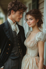 Couple in victorian dresses. Young man and young beautiful woman wearing old fashioned clothes