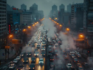 Obraz premium Cityscape with Traffic Jam and Foggy Sky