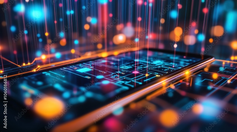 Poster a digital device surrounded by vibrant data streams and circuitry.
