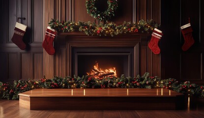 A cozy Christmas fireplace adorned with stockings, garlands, and a warm glow, evoking a festive holiday atmosphere.