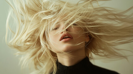 Naklejka premium A young woman with flowing blonde hair plays with her tresses against a pale background, creating an ethereal and dynamic atmosphere