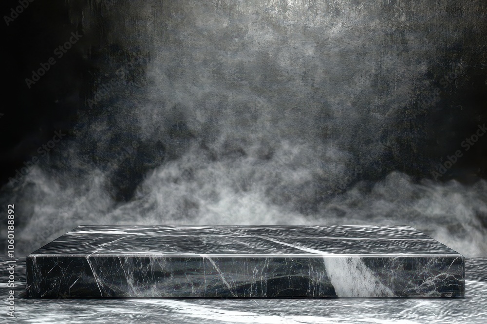 Poster a dark and misty scene featuring a textured, rectangular surface, surrounded by a mysterious atmosph