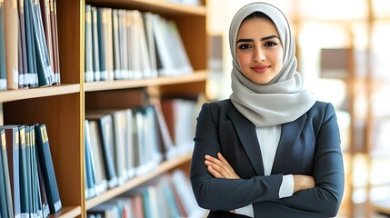 A Muslim female lawyer in professional attire, standing confidently in a law library surrounded by shelves of legal books