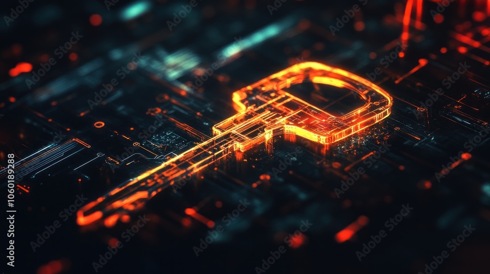 Poster a glowing digital key over a circuit-like background, symbolizing cybersecurity and access.
