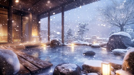 Traditional Japanese outdoor onsen with warm lights in a snowy winter setting symbolizing relaxation and tranquility