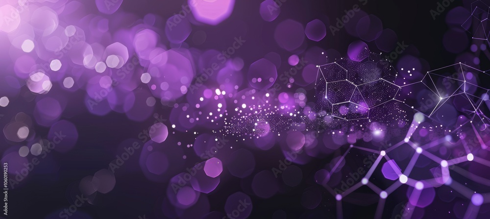 Poster black background with purple hexagons and glowing particles, creating an abstract, tech-inspired des