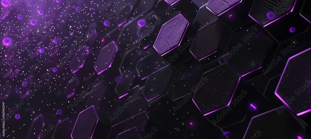 Poster black background with purple hexagons and glowing particles, creating an abstract, tech-inspired des