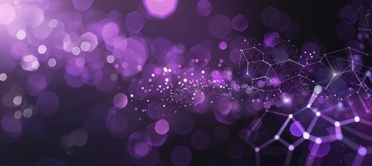 Black background with purple hexagons and glowing particles, creating an abstract, tech-inspired design.