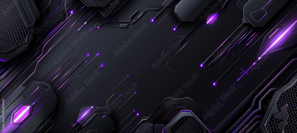 Poster black background with purple hexagons and glowing particles, creating an abstract, tech-inspired des