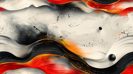 Obraz premium Bold Abstract Pattern with Dynamic Red, Black, and Gold Shapes on White Background