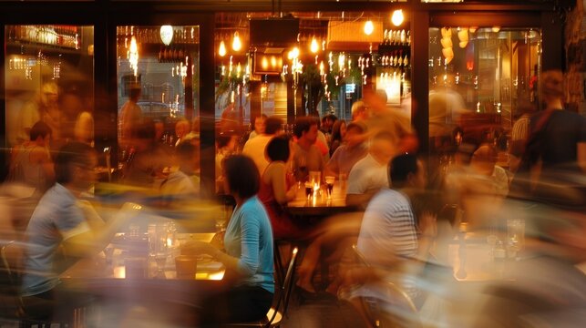 A chaotic blur of activity surrounds the diners in the center of the frame.