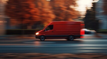 Fototapeta premium A red van speeds down a street, surrounded by autumn foliage.