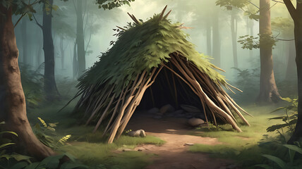 A primitive shelter built from branches, leaves, and animal skins, nestled in a secluded forest clearing. It appears sturdy and functional, suggesting early human settlement.