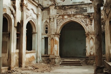 Fototapeta premium A view of a dilapidated interior with ornate arches and crumbling walls.