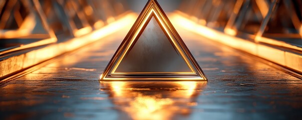 A glowing golden triangle stands on a reflective surface, illuminated by a warm light, showcasing a serene and mystical ambiance.