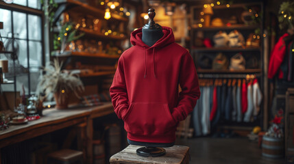 Bold Studio Display of Red Hoodie on Mannequin with Dramatic Lighting