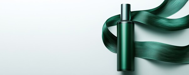 A sleek green perfume bottle rests beside a flowing green ribbon on a minimalistic background.