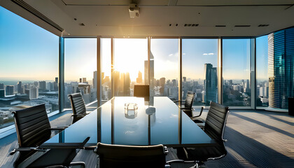 Fototapeta premium A modern conference room with a large glass table and black chairs, overlooking a cityscape