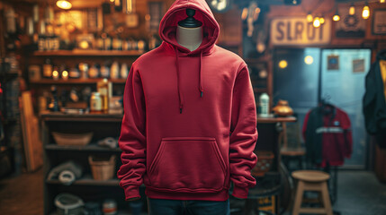 Bold Studio Display of Red Hoodie on Mannequin with Dramatic Lighting
