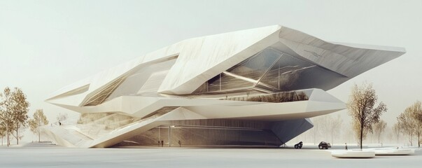 Modern architectural design featuring a dynamic, angular structure with a futuristic aesthetic.