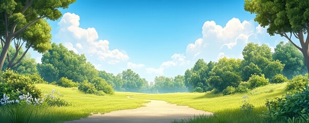 A serene landscape features a bright blue sky, fluffy clouds, and lush greenery with a clear path leading through a vibrant, tranquil natural scene.