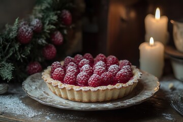 rustic dessert presentation, a single-serving raspberry tart on a rustic plate, showcased in a cozy kitchen with handmade wreaths and candlelight