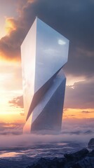 A towering, reflective structure emerging from clouds at sunset, evoking a sense of mystery.